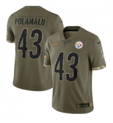 Men Pittsburgh Steelers 43 Troy Polamalu Olive 2022 Salute To Service Limited Stitched Jersey