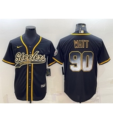 Men Pittsburgh Steelers 90 T J Watt Black Gold With Patch Cool Base Stitched Baseball Jersey