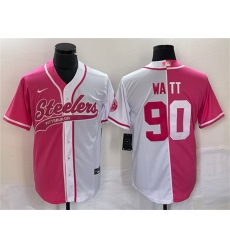 Men Pittsburgh Steelers 90 T J  Watt White Pink Split Cool Base Stitched Baseball Jersey