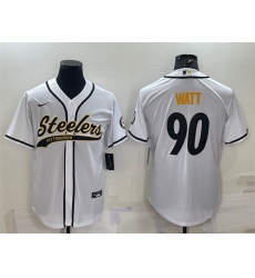 Men Pittsburgh Steelers 90 T J  Watt White With Patch Cool Base Stitched Baseball Jersey