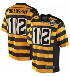 Mens Nike Pittsburgh Steelers 12 Terry Bradshaw Elite YellowBlack Alternate 80TH Anniversary Throwback NFL Jersey