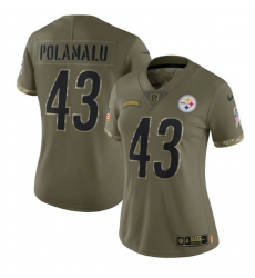 Women Pittsburgh Steelers 43 Troy Polamalu Olive 2022 Salute To Service Limited Stitched Jersey