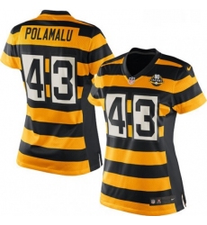 Womens Nike Pittsburgh Steelers 43 Troy Polamalu Elite YellowBlack Alternate 80TH Anniversary Throwback NFL Jersey