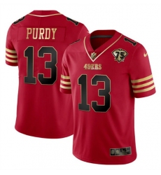 Men San Francisco 49ers 13 Brock Purdy Red Gold With 75th Patch Cool Base Stitched Jersey