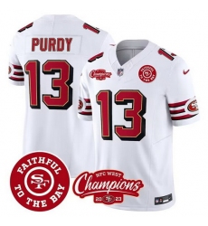 Men San Francisco 49ers 13 Brock Purdy White 2023 F U S E  Faithful To The Bay And NFC West Champions Patch Stitched Football Jersey