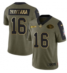Men San Francisco 49ers 16 Joe Montana 2021 Olive Camo Salute To Service Golden Limited Stitched Jersey
