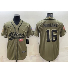 Men San Francisco 49ers 16 Joe Montana 2022 Olive Salute To Service Cool Base Stitched Baseball Jersey