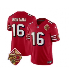 Men San Francisco 49ers 16 Joe Montana Red 2023 F U S E  50th Patch Throwback Stitched Football Jersey