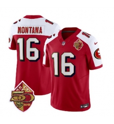 Men San Francisco 49ers 16 Joe Montana Red White 2023 F U S E  50th Patch Throwback Stitched Football Jersey