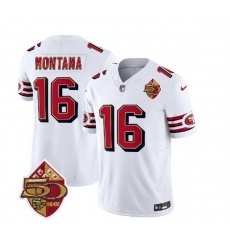 Men San Francisco 49ers 16 Joe Montana White 2023 F U S E  50th Patch Throwback Stitched Football Jersey