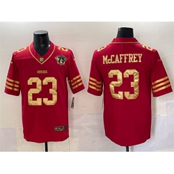 Men San Francisco 49ers 23 Christian McCaffrey Red Gold With 75th Patch Vapor Limited Stitched Football Jersey