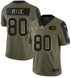 Men San Francisco 49ers 80 Jerry Rice 2021 Olive Camo Salute To Service Golden Limited Stitched Jersey