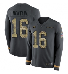 Nike 49ers 16 Joe Montana Anthracite Salute to Service Men s Stitched NFL Limited Therma Long Sleeve Jersey