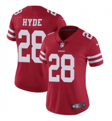 Nike 49ers #28 Carlos Hyde Red Team Color Womens Stitched NFL Vapor Untouchable Limited Jersey