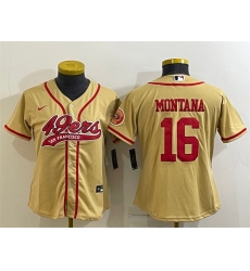 Women San Francisco 49ers 16 Joe Montana Gold With Patch Cool Base Stitched Baseball Jersey