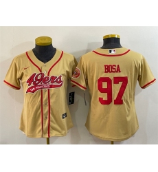 Women San Francisco 49ers 97 Nick Bosa Gold With Patch Cool Base Stitched Baseball Jersey