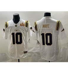 Men New England Patriots 10 Drake Maye White Gold 2025 F U S E Super Bowl LX Patch Vapor Limited Stitched Football Jersey Men New England Patriots 10 Drake Maye White Gold 2025 F U S E Super Bowl LX Patch Vapor Limited Stitched Football Jersey