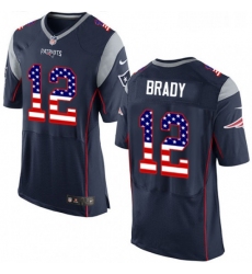 Mens Nike New England Patriots 12 Tom Brady Elite Navy Blue Home USA Flag Fashion NFL Jersey