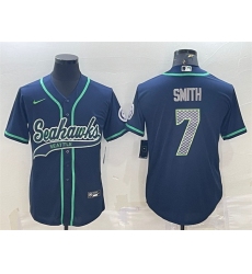 Men Seattle Seahawks 7 Geno Smith Navy With Patch Cool Base Stitched Baseball Jersey