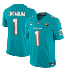 Men Miami Dolphins 1 Tua Tagovailoa Aqua 2023 F U S E  With 2 Star C Patch And John Madden Patch Vapor Limited Stitched Football Jersey