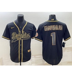 Men Miami Dolphins 1 Tua Tagovailoa Black Gold With Patch Cool Base Stitched Baseball Jersey