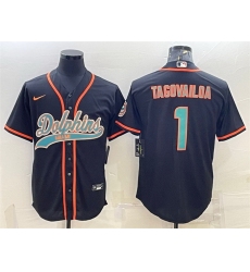 Men Miami Dolphins 1 Tua Tagovailoa Black With Patch Cool Base Stitched Baseball Jersey