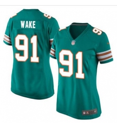 Women New Miami Dolphins #91 Cameron Wake Aqua Green Alternate Stitched NFL Elite Jersey