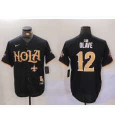 Men New Orleans Saints 12 Chris Olave Black Cool Base Stitched Baseball Jersey 1