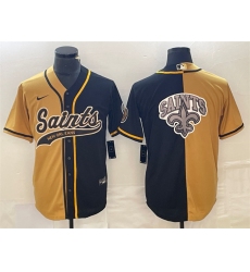 Men New Orleans Saints Black Gold Split Team Big Logo Cool Base Stitched Baseball Jersey