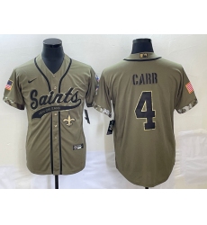 Men's New Orleans Saints #4 Derek Carr Olive 2022 Salute To Service Cool Base Stitched Baseball Jersey