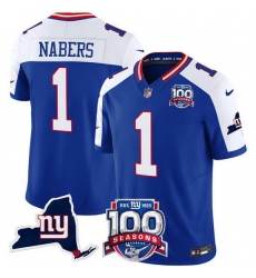 Men New York Giants 1 Malik Nabers Royal 2024 F U S E 100th Season And State Patch Vapor Limited Alternate Stitched Football Jersey