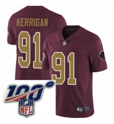 Mens Nike Washington Redskins 91 Ryan Kerrigan Burgundy RedGold Number Alternate 80TH Anniversary Vapor Untouchable Limited Stitched 100th anniversary Neck