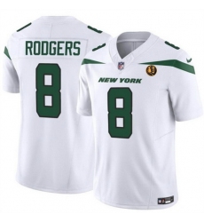 Men New York Jets 8 Aaron Rodgers White 2023 F U S E  With John Madden Patch Vapor Limited Stitched Football Jersey
