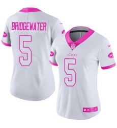 Nike Jets #5 Teddy Bridgewater White Pink Womens Stitched NFL Limited Rush Fashion Jersey