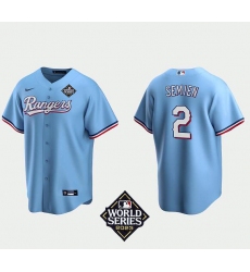 Men's Texas Rangers #2 Marcus Semien Light Blue Cool Base 2023 World Series Patch Stitched Baseball Jersey