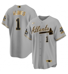 Men Atlanta Braves 1 Ozzie Albies 2021 Grey Gold World Series Champions With 150th Anniversary Patch Cool Base Stitched Jersey