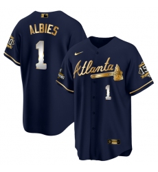 Men Atlanta Braves 1 Ozzie Albies 2021 Navy Gold World Series Champions With 150th Anniversary Patch Cool Base Stitched Jersey