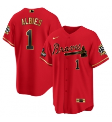 Men Atlanta Braves 1 Ozzie Albies 2021 Red Gold World Series Champions With 150th Anniversary Patch Cool Base Stitched Jersey