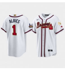 Men Atlanta Braves 1 Ozzie Albies 2022 White Gold World Series Champions Program Cool Base Stitched Baseball jersey