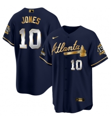 Men Atlanta Braves 10 Chipper Jones 2021 Navy Gold World Series Champions With 150th Anniversary Patch Cool Base Stitched Jersey