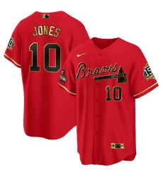 Men Atlanta Braves 10 Chipper Jones 2021 Red Gold World Series Champions With 150th Anniversary Patch Cool Base Stitched Jersey
