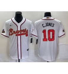 Men Atlanta Braves 10 Chipper Jones 2022 White Gold World Series Champions Program Cool Base Stitched Baseball Jersey