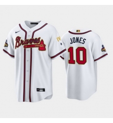 Men Atlanta Braves 10 Chipper Jones 2022 White Gold World Series Champions Program Cool Base Stitched Baseball jersey
