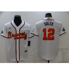 Men Atlanta Braves 12 Jorge Soler 2022 White Gold World Series Champions Program Cool Base Stitched Baseball jersey