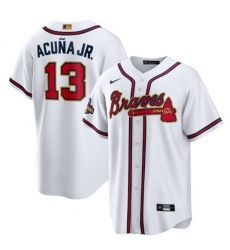 Men Atlanta Braves 13 Ronald Acu F1a Jr  2022 White Gold World Series Champions Program Cool Base Stitched Baseball jersey