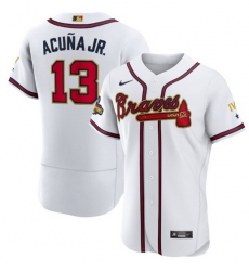 Men Atlanta Braves 13 Ronald Acu F1a Jr  2022 White Gold World Series Champions Program Flex Base Stitched Baseball jersey