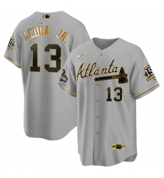 Men Atlanta Braves 13 Ronald Acuna Jr  2021 Grey Gold World Series Champions With 150th Anniversary Patch Cool Base Stitched Jersey