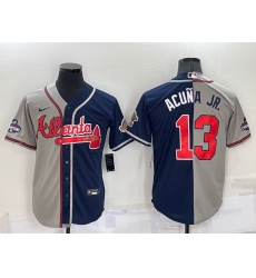Men Atlanta Braves 13 Ronald Acuna Jr  Gray Navy Two Tone Split Cool Base Stitched Baseball Jersey
