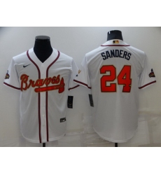 Men Atlanta Braves 24 Deion Sanders 2022 White Gold World Series Champions Program Cool Base Stitched Baseball jersey