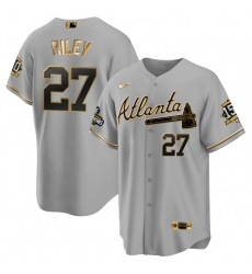 Men Atlanta Braves 27 Austin Riley 2021 Grey Gold World Series Champions With 150th Anniversary Patch Cool Base Stitched Jersey